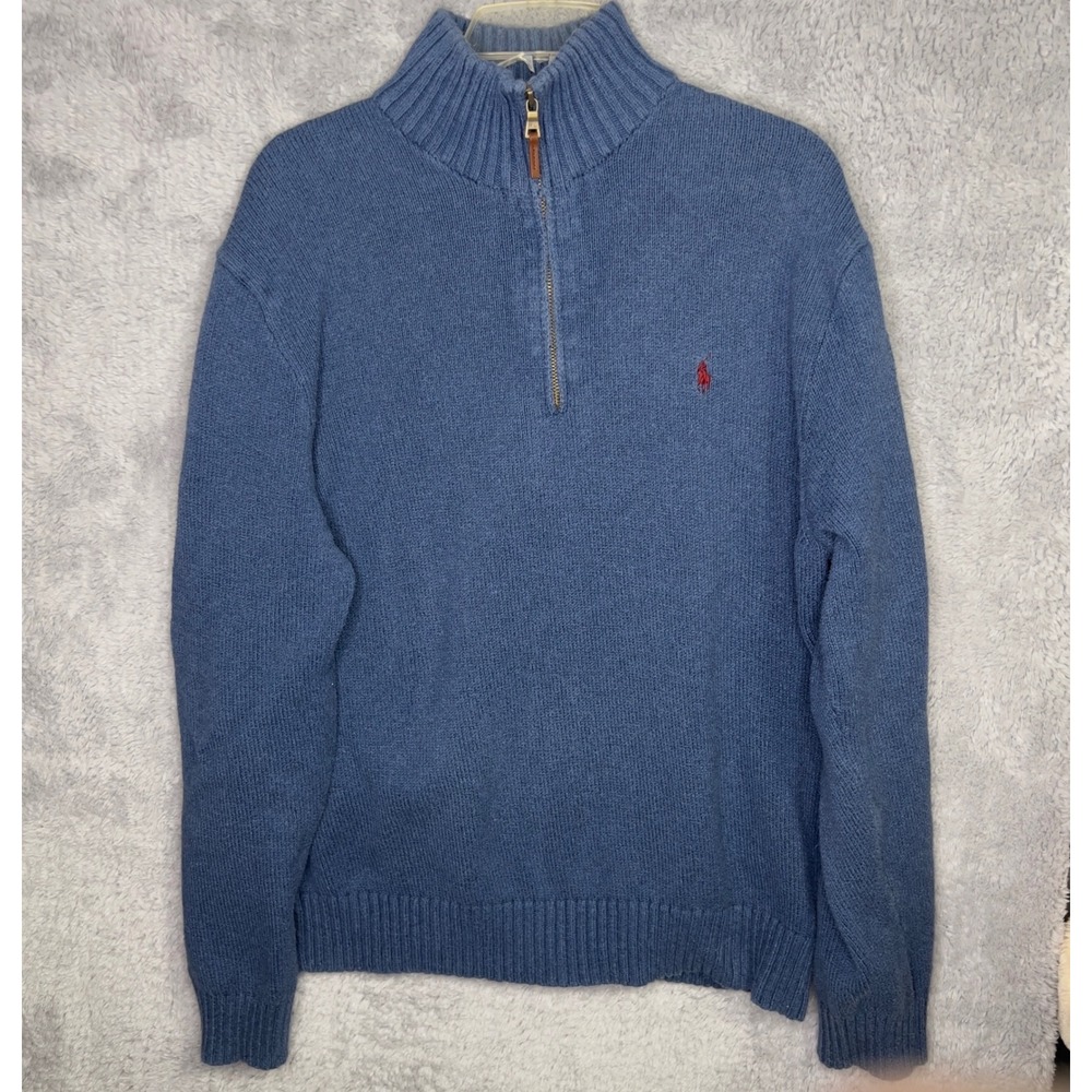 Polo Ralph Lauren Mens XL Blue Cotton Quarter Zip‎ Mock Neck Sweater Red Pony